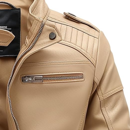 Beige Lambskin Leather Jacket for Men - Slim Fit Biker Style: Elevate your style with this vintage-inspired, genuine lambskin leather jacket.