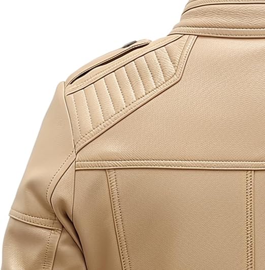 Beige Lambskin Leather Jacket for Men - Slim Fit Biker Style: Elevate your style with this vintage-inspired, genuine lambskin leather jacket.