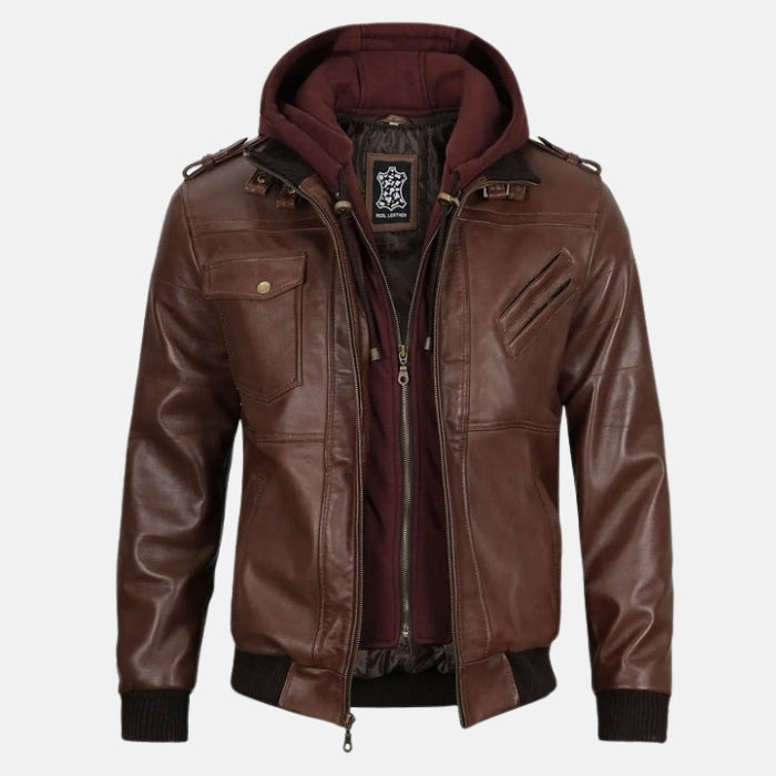 Men's Decrum Motorcycle Leather Jacket - Bomber Style with Detachable Hood: