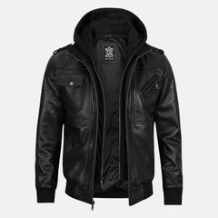 Men's Decrum Motorcycle Leather Jacket - Bomber Style with Detachable Hood: