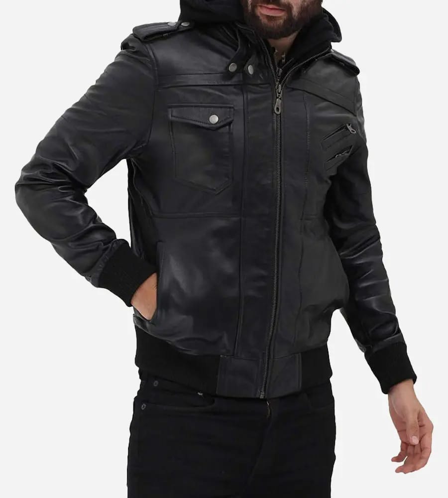 Men's Decrum Motorcycle Leather Jacket - Bomber Style with Detachable Hood: