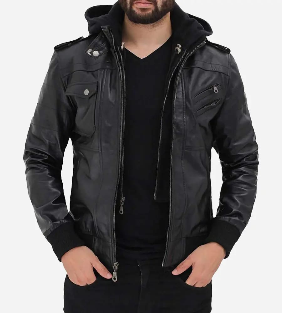 Men's Decrum Motorcycle Leather Jacket - Bomber Style with Detachable Hood: