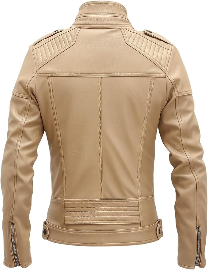 Beige Lambskin Leather Jacket for Men - Slim Fit Biker Style: Elevate your style with this vintage-inspired, genuine lambskin leather jacket.