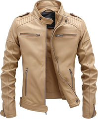 Beige Lambskin Leather Jacket for Men - Slim Fit Biker Style: Elevate your style with this vintage-inspired, genuine lambskin leather jacket.