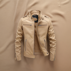 Beige Lambskin Leather Jacket for Men - Slim Fit Biker Style: Elevate your style with this vintage-inspired, genuine lambskin leather jacket.