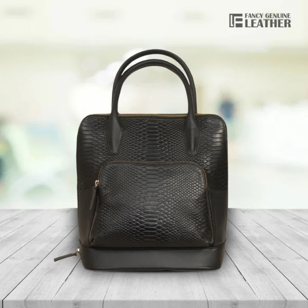 Elegant Black Python-Textured Leather Handbag For Women