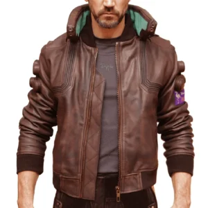 Men’s Brown Leather Bomber Jacket – Cyberpunk Cosplay Inspired Gaming Fashion