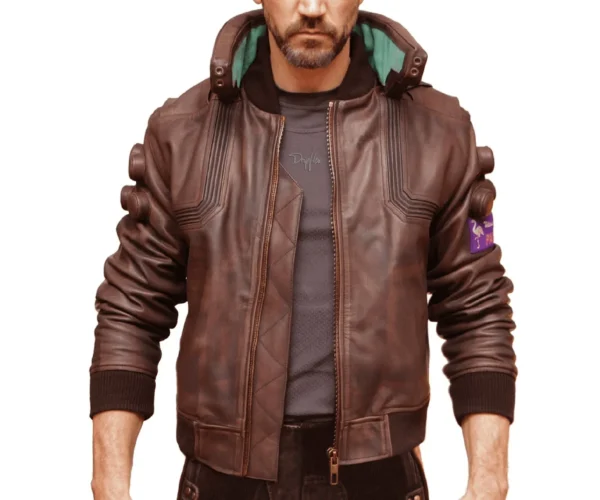 Men's Brown Leather Bomber Jacket - Cyberpunk Cosplay Inspired Gaming Fashion - Image 2
