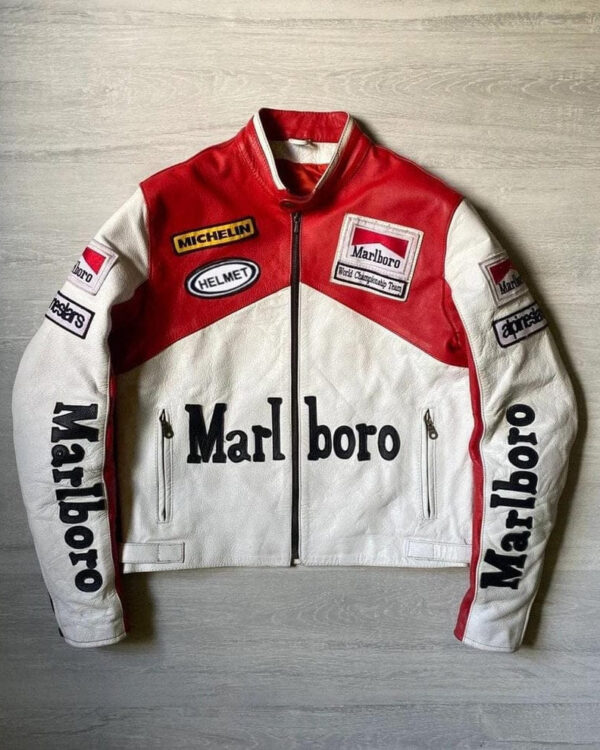 Marlboro-Style Leather Red And White Biker Jacket - Image 2