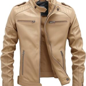 Beige Lambskin Leather Jacket For Men – Slim Fit Biker Style: Elevate Your Style With This Vintage-Inspired, Genuine Lambskin Leather Jacket.