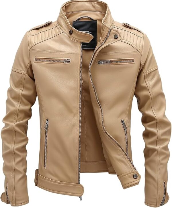 Beige Lambskin Leather Jacket For Men - Slim Fit Biker Style: Elevate Your Style With This Vintage-Inspired, Genuine Lambskin Leather Jacket.