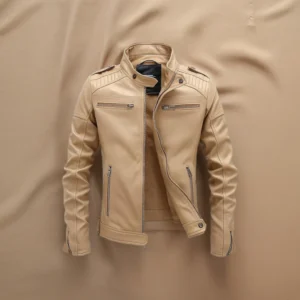 Beige Lambskin Leather Jacket For Men – Slim Fit Biker Style: Elevate Your Style With This Vintage-Inspired, Genuine Lambskin Leather Jacket.