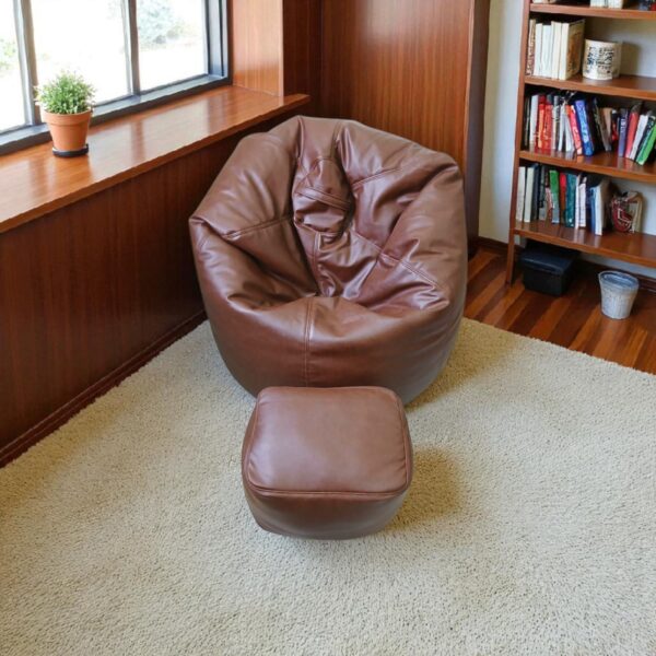 Leather Bean Bag Cover with Footrest – Brown Lounge Chair – Handmade by Fancy Leather