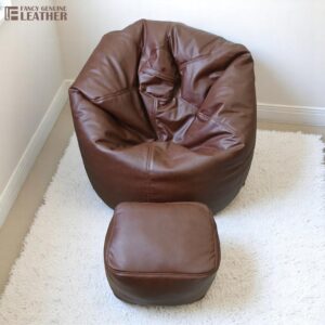 Large Dark Brown Synthetic Leather Bean Bag Chair with Footrest – Premium Lounge Comfort