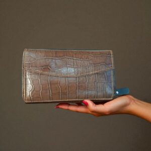 Brown Crocodile Style Genuine Leather Ladies Clutch – Multi-Functional Wallet