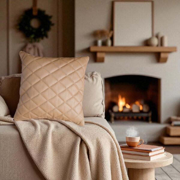 Quilted 2 Set Cushion Cover in Diamond Stitching – Cagnac Orange Genuine Leather Size 16x16 Inches | Handmade Leather Pillow Cover | Home Decor - Image 7