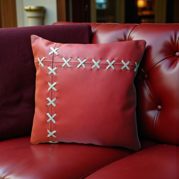 Handmade Maroon Genuine Leather 2 Set Pillow with Grey Baseball Stitching | Luxury Home Decor By fancy genuine leather (Cover Only) - Image 4