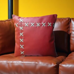 Handmade Maroon Genuine Leather 2 Set Pillow with Grey Baseball Stitching | Luxury Home Decor By fancy genuine leather (Cover Only)