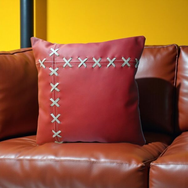 Handmade Maroon Genuine Leather 2 Set Pillow with Grey Baseball Stitching | Luxury Home Decor By fancy genuine leather (Cover Only)