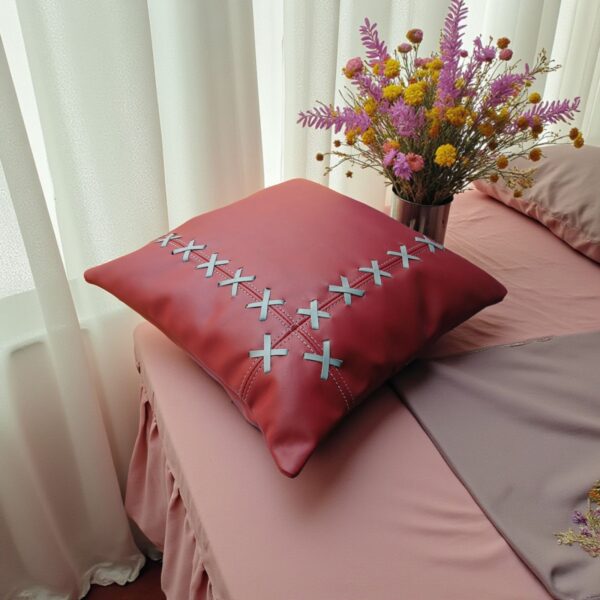 Handmade Maroon Genuine Leather 2 Set Pillow with Grey Baseball Stitching | Luxury Home Decor By fancy genuine leather (Cover Only) - Image 6