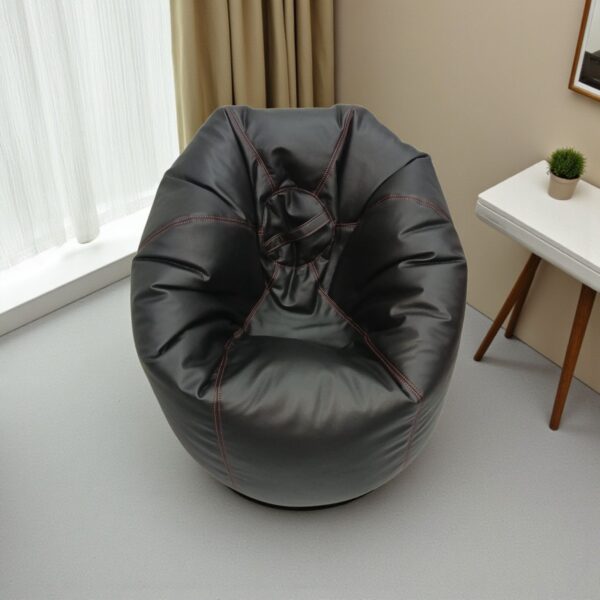 Black Synthetic Leather Bean Bag Cover with Red Stitching – Customizable Gaming & Lounge Chair - Image 3