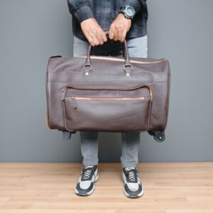 Genuine Leather Travel Trolley Duffel Bag – 22″ Rolling Luggage with Multi Pockets