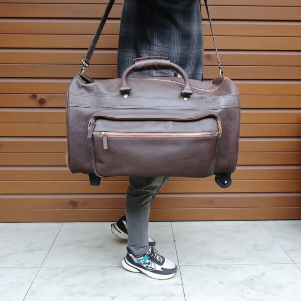 Genuine Leather Travel Trolley Duffel Bag – 22" Rolling Luggage with Multi Pockets - Image 16