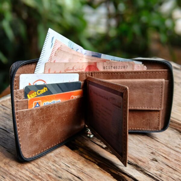 Genuine Leather Brown Wallet for Men – Zipper Closure, 3 Card Slots, Coin Pocket & Photo Holders - Image 2